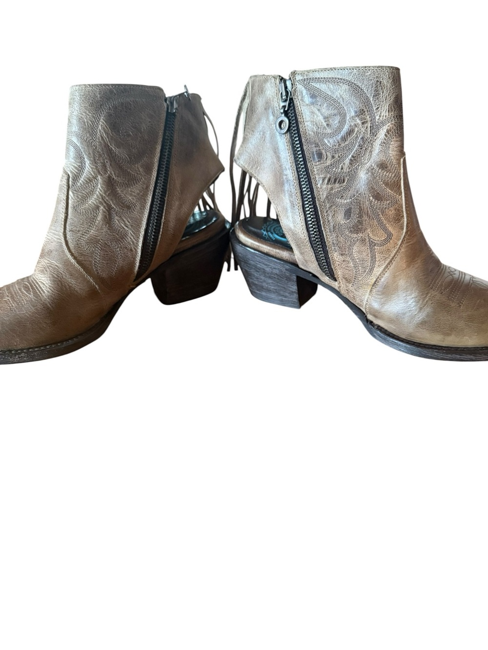 Double D Ranch Brown Beige Leather Western Boots Studded Braided Trim 8 - Picture 10 of 12